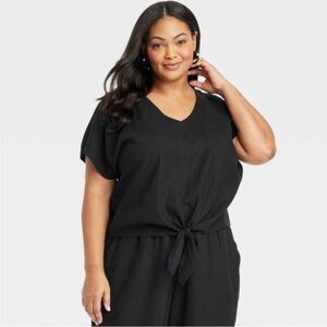 Ava & Viv Charcoal V-Neck Top Size 3X Tie In Front Linen